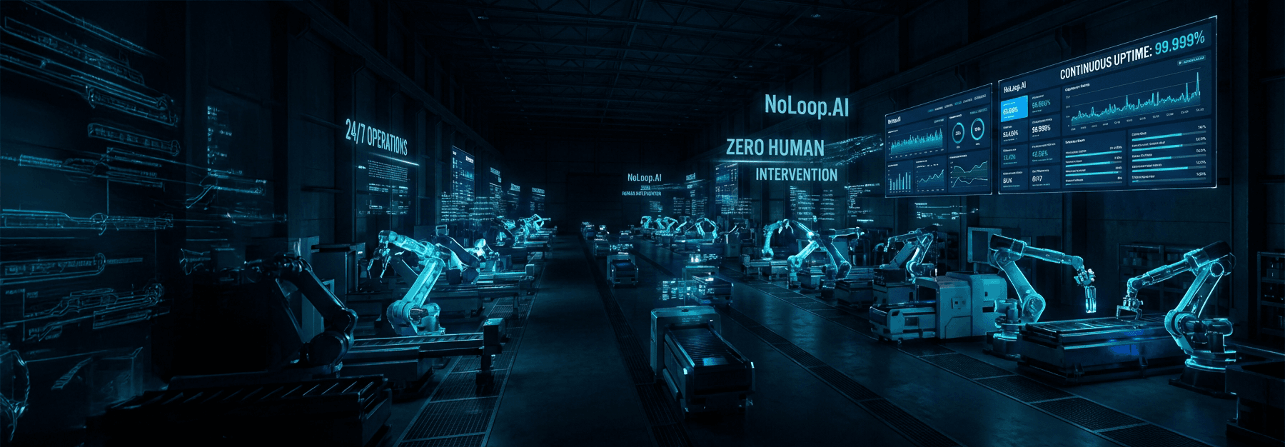 NoLoop.AI Digital Dark Factory with robotic arms and automation dashboards showing 24/7 operations and zero human intervention