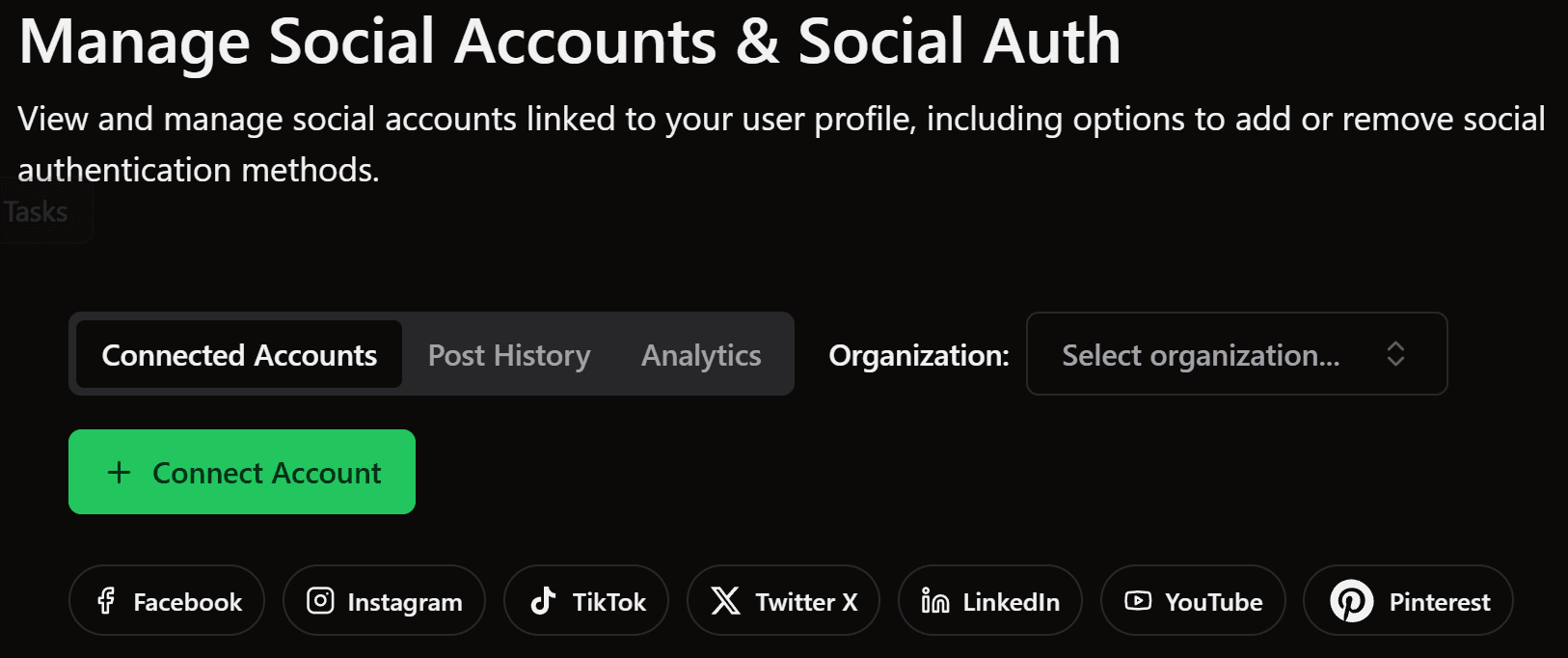 Social Auth account management interface showing connected accounts, post history, analytics tabs, and supported platforms including Facebook, Instagram, TikTok, Twitter X, LinkedIn, YouTube, and Pinterest